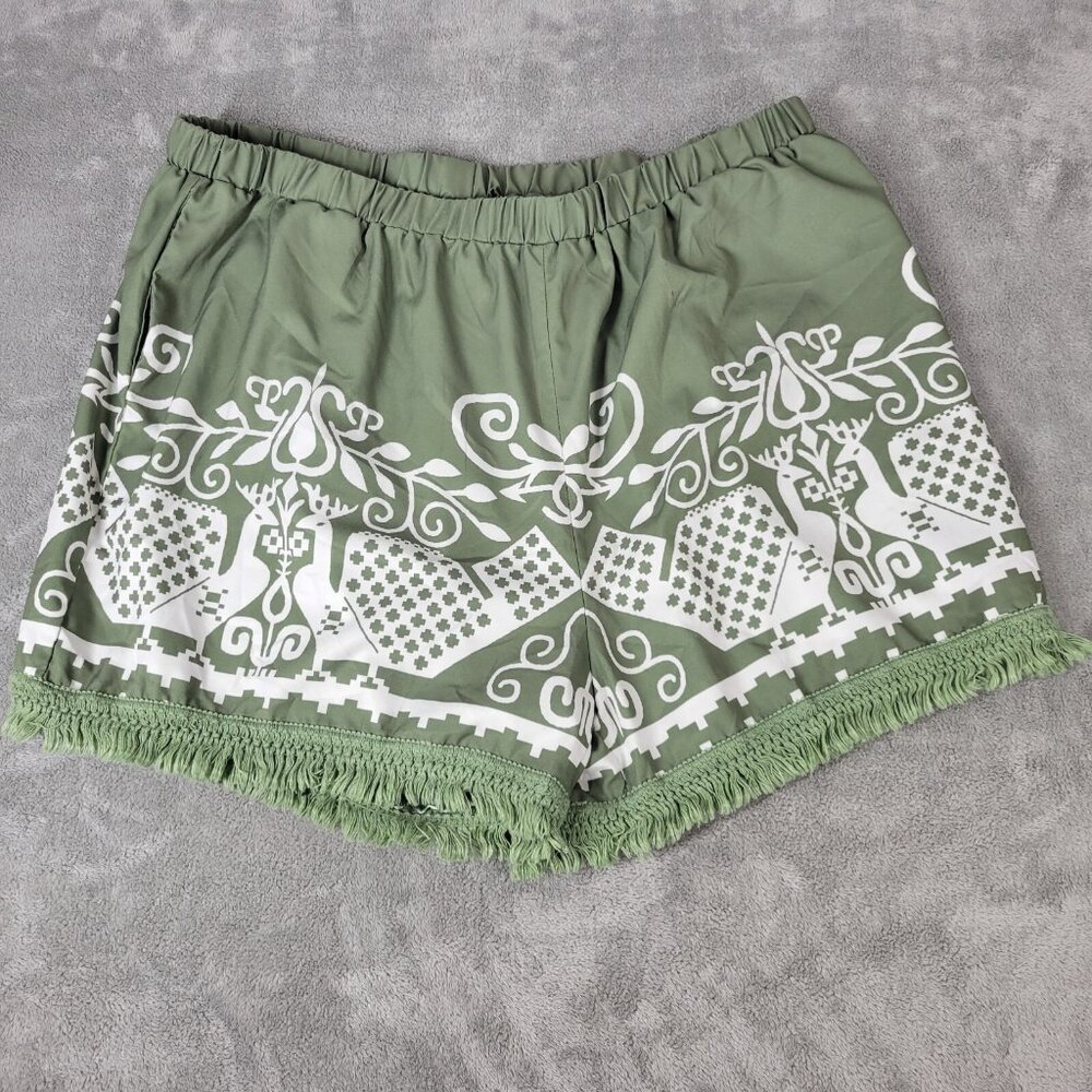 Shein Curve 3XL Plus Green Bird Mural Geometric Chino Shorts Fringe Boho GEO64E‎